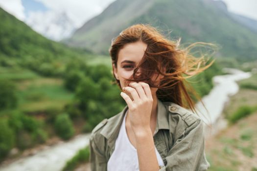 woman hiker mountains travel landscape adventure nature. High quality photo