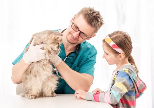 Veterinarian doctor checking fluffy cat for fur diseases in front of girl, isolated on white background