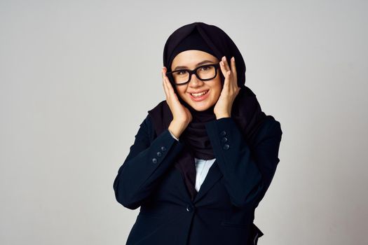 woman in black hijab laptop work technology office. High quality photo