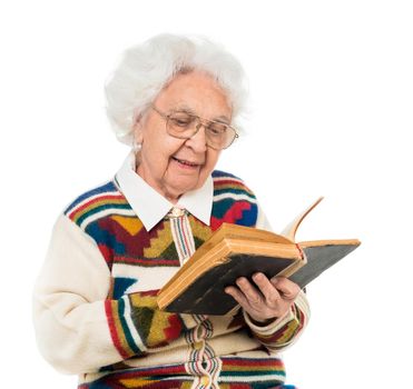 elderly woman flipping an old book isoalted on white background