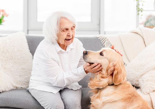 Eldery woman sitting on the sofa and petting golden retriever dog at home