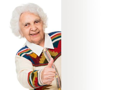 elderly woman alongside of ad board over white background