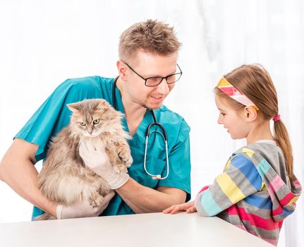 Veterinarian doctor checking fluffy cat for fur diseases in front of girl, isolated on white background