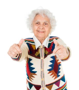 elderly woman with thumbs up isolated on white background
