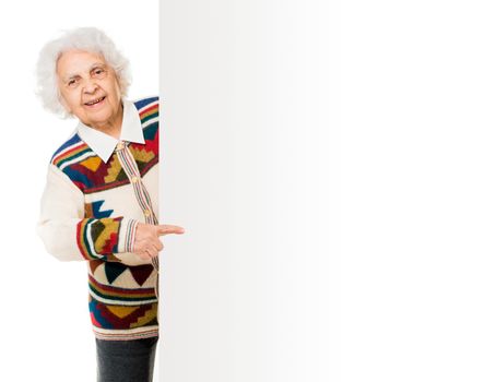 elderly woman alongside of ad board over white background