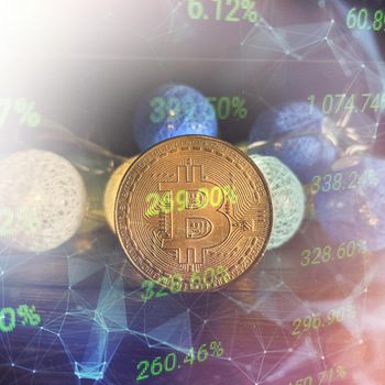 Technical graph of Bitcoin in futuristic concept . Golden bitcoins standing on circuit board, cryptocurrency concept.