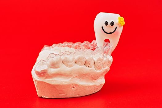 Joyful tooth on a red background in invisible dental aligners or braces aplicable for an orthodontic dental treatment