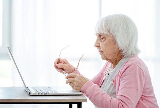 Senior woman with laptop sitting at home and looking at the screen. Elderly person with modern technologies