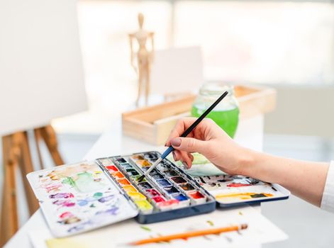 Artist takes watercolor paint with paintbrush in sunny art studio during darwing process