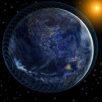 Global digital Network Telecommunication network above Earth viewed from space with connected system