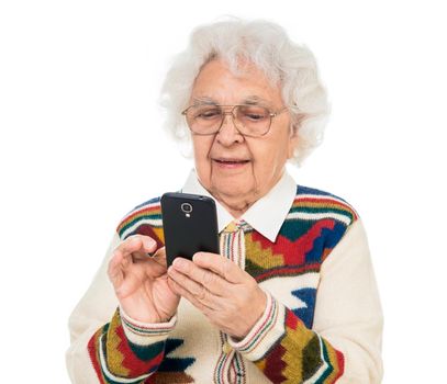 elderly woman using smartphone over white background