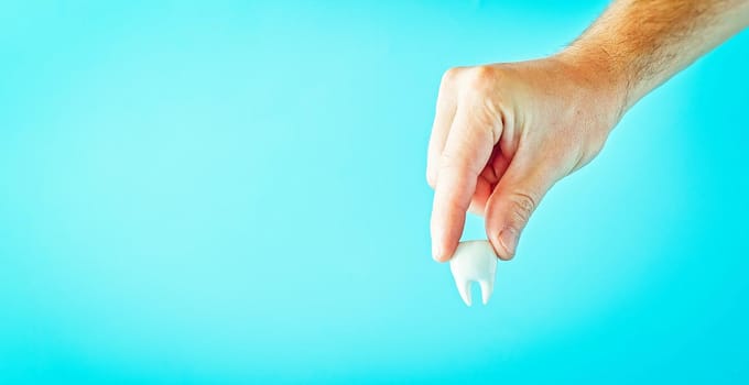 A man is holding a tooth on a blue background. Visit to the dentist, stomatology advertising concept, dental health