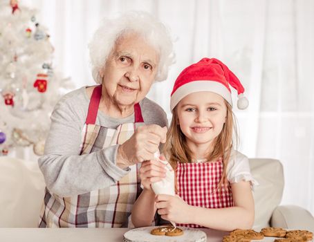 Grandmother with granddaughter in santa hat holding baked cookie