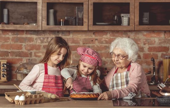 Granny with her lovely granddaughters tasting delicious homemade pie at kitchen