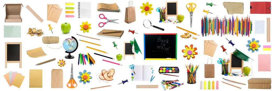 Colorful school supplies collage with different tools isolated on white background for elementary class. Object group with pencil, notebook and easel for education