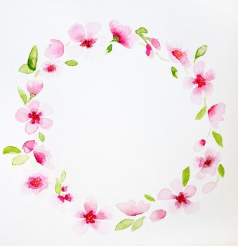 Hand drawn watercolor floral wreath, isolated with copy space