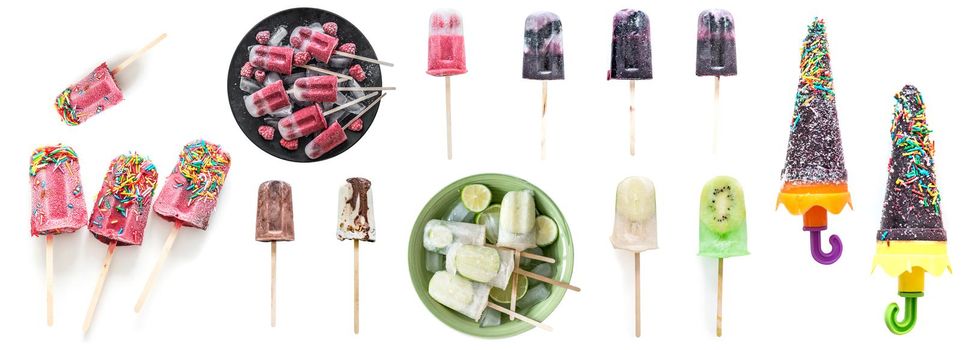 Collection of homemade ice cream on a stick on a white background isolated
