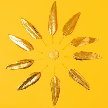 Creative concept of bitcoin in the form of a sun on a yellow background, future for cryptocurrency