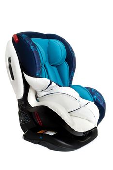 Foam support inside blue child safety seat, seat designed specifically to protect children from injury or death during collisions.
