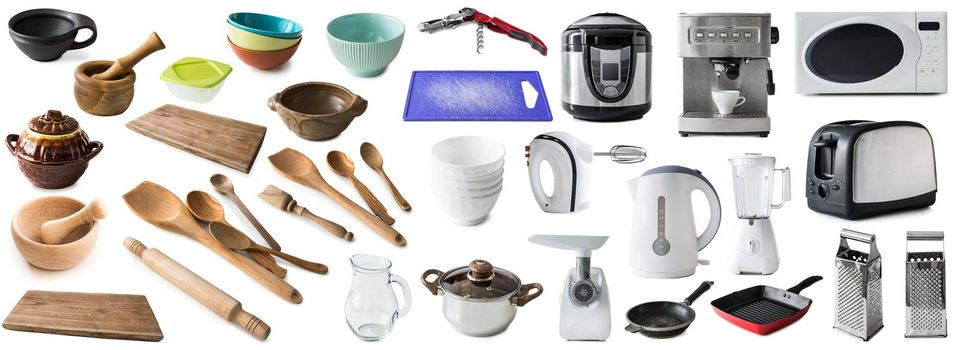 collage of many different kitchenware isolated on a whire background