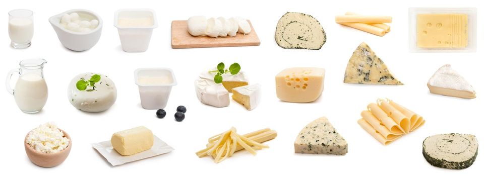 collage various types of cheeses on a white background