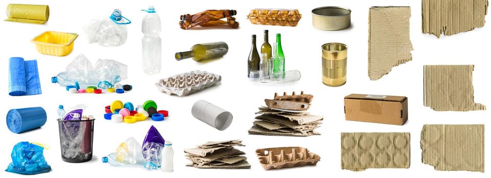 set of different types of trash isolated on white background
