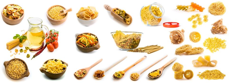 Collage of photos of different shapes of pasta in a variety of dishes isolated on a white background
