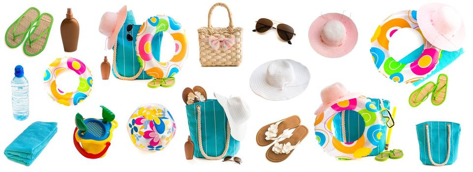 Photo collage of beach accessories and toys isolated on a white background