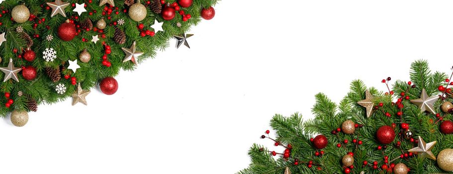 Christmas tree branches with red baubles, golden stars, pine cones isolated on white background, corner frame design