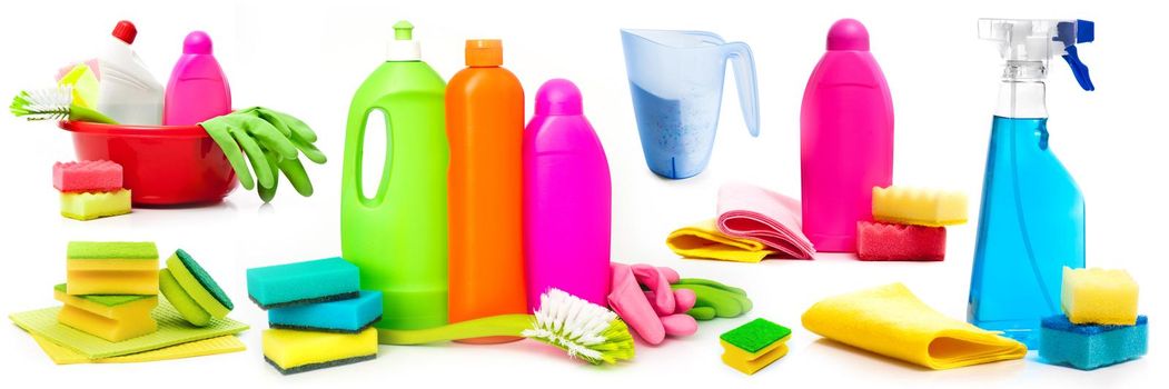 Set various detergents for home cleaning isolated on white background. Sanitary colorful suuplies for housekeeping composition