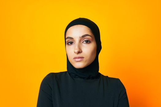 Muslim happiness fashion clothing hand gesture studio lifestyle. High quality photo