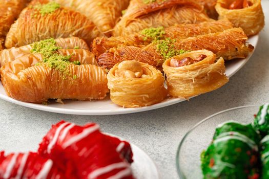 Turkish baklava dessert with honey, close up photo