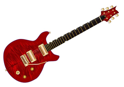 A typical double cutaway electric guitar in red set over a white background