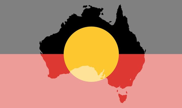 Silhouette map of Australia over a Aboriginal flag
