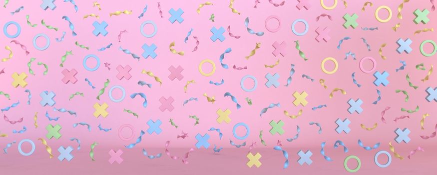 Golden confetti 3D rendering illustration isolated on pink background