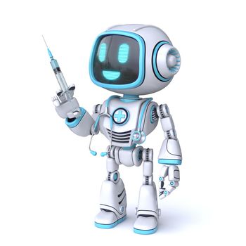 Cute blue robot doctor with an injection and stethoscope 3D rendering illustration isolated on white background