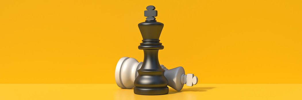Black chess king standing over black white king Victory concept 3D rendering illustration isolated on yellow background