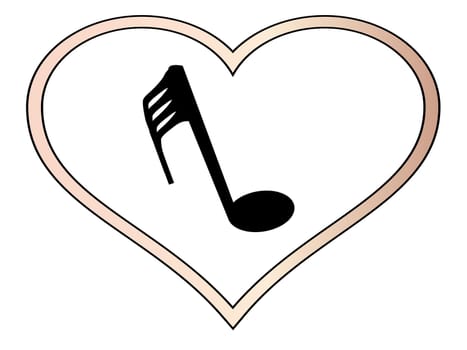 A musical note inset into a isolated pink heart.