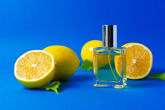 Beautiful composition with bottle of perfume and citrus fruits. High quality photo