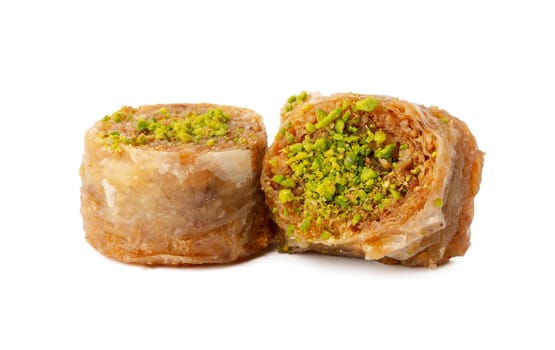 Delicious sweet baklava isolated on white background, close up