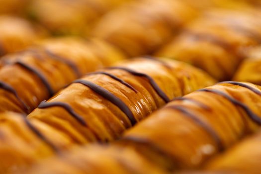 Turkish baklava dessert with honey, close up photo