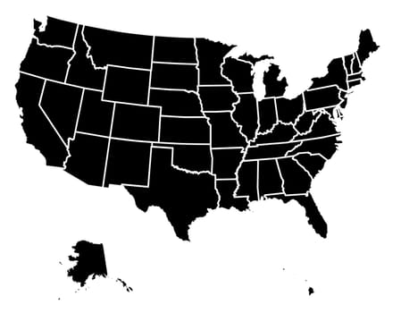 A silhouette map of TheUnited States of America with staes shown with a white outline