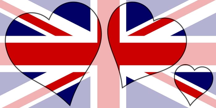 British Union Jack Flag within a selection of heart cutoits all over a faded background