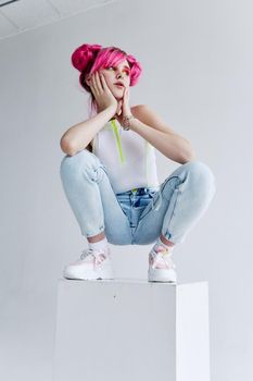 hipster woman with pink hair creative Acid style design. High quality photo