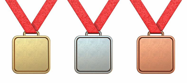 Golden, silver and bronze square medal collection 3D rendering illustration isolated on white background