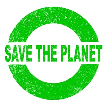A green grunge rubber ink stamp with the text SAVE THE PLANET over a white background