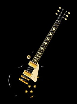 The typicalrock and roll guitar in black and isolated over a black background.