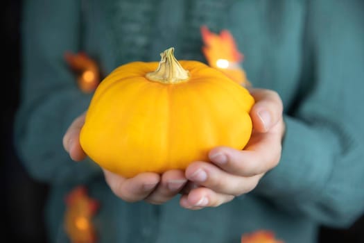 Human hands holding decorative orange pumpkin with falling autumn leaves, October,Fall,season and Halloween concept background close up