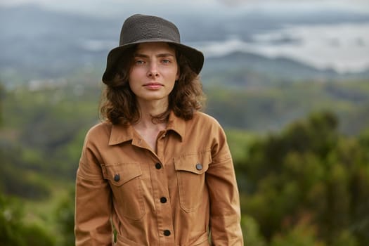 Beautiful young female caucasian tourist in equatorial africa jungles