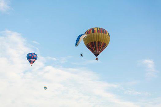 hot air balloon over blue sky. Composition of nature and blue sky background